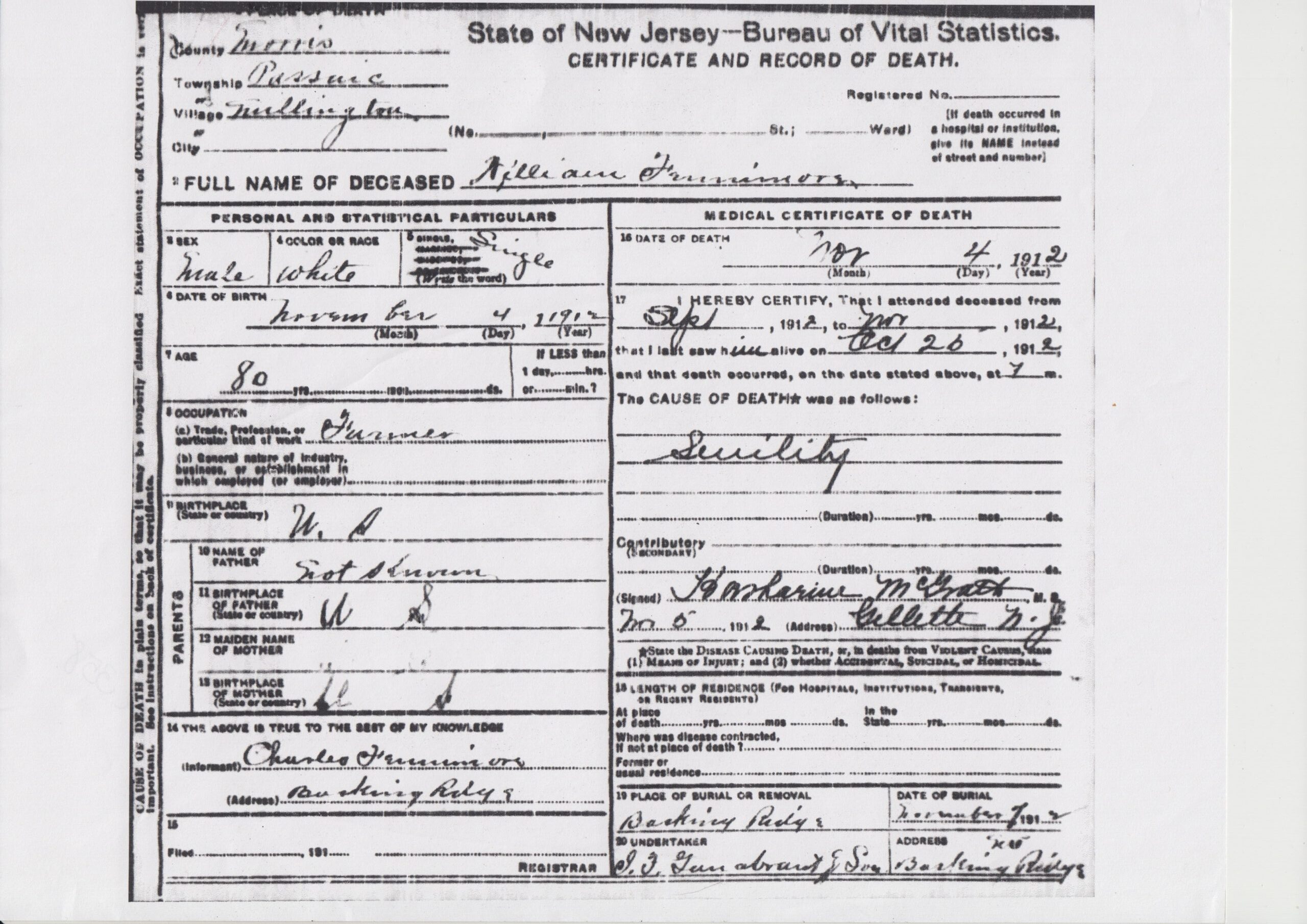 Wiliam Fennimore death certificate 1912